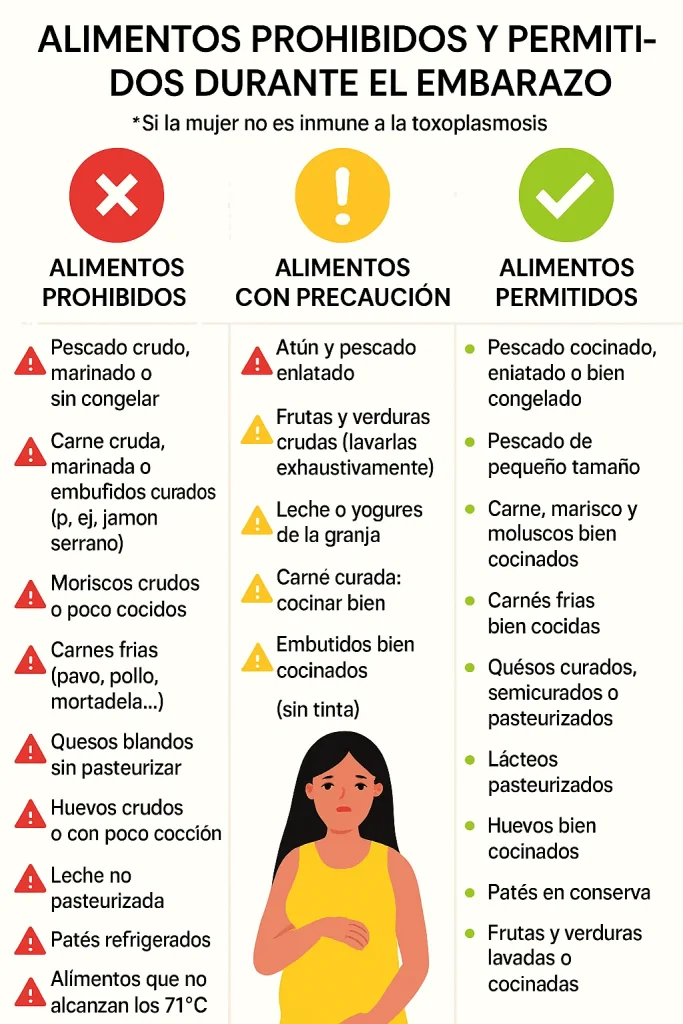 Infografía sobre qué se puede comer en el embarazo según los alimentos prohibidos, permitidos y con precaución